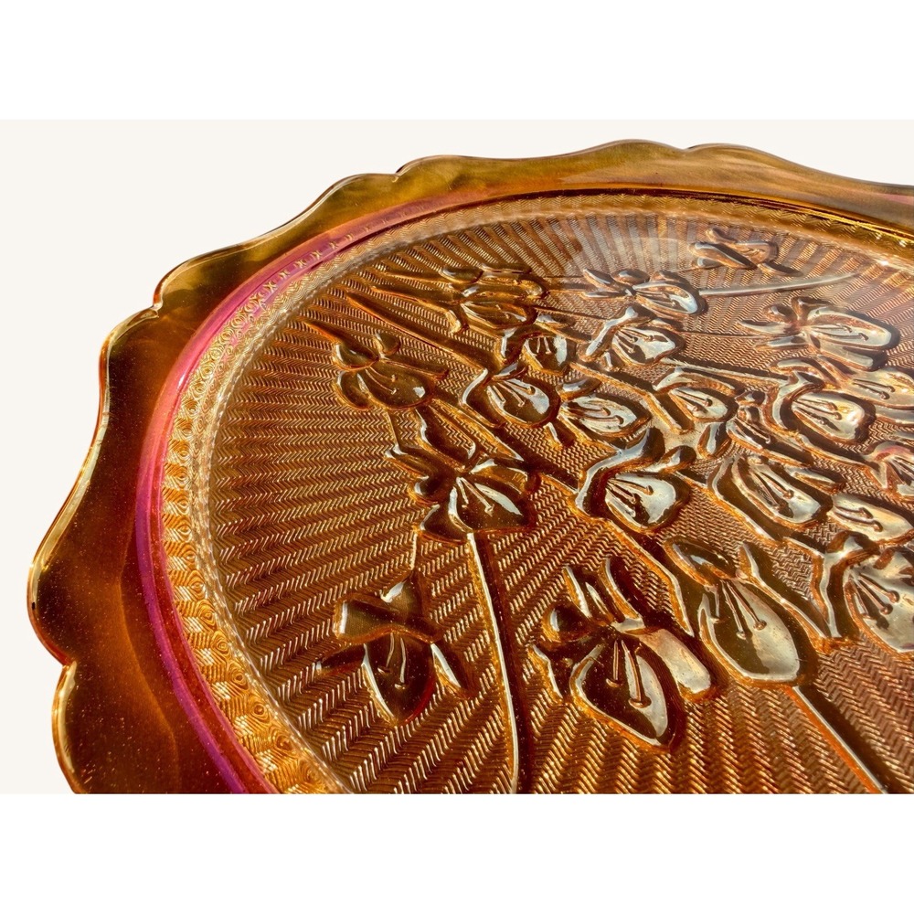 Vintage Jeannette Iris Herringbone Platter Plate Marigold Carnival Glass 12" - Picture 3 of 9